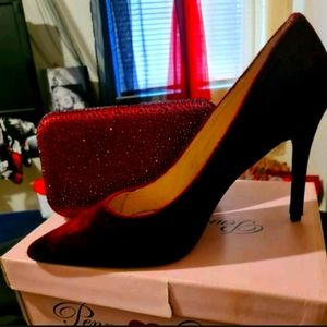 Burgundy Sued Pumps & Burgundy Rhinestone Clutch
